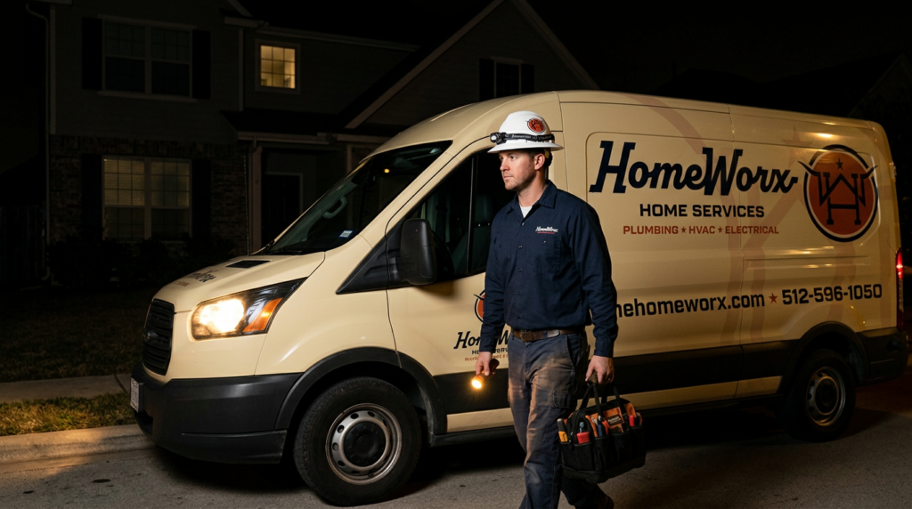 A worker in uniform and hard hat carries a tool bag, walking in front of a HomeWorx service van parked on a residential street at night.