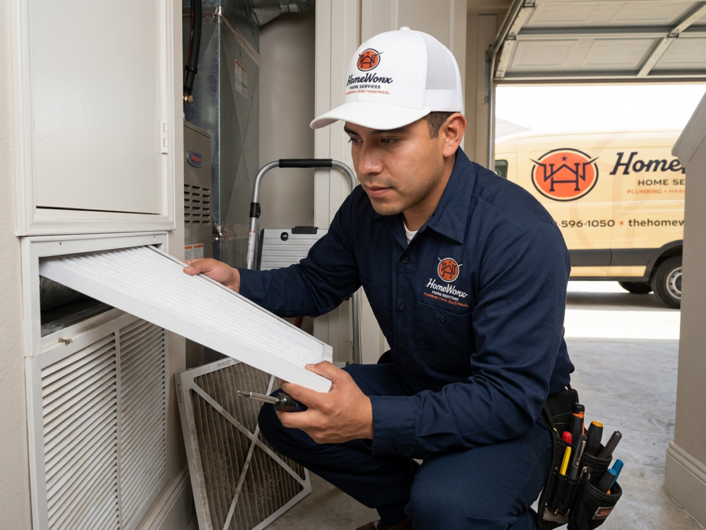 A technician in uniform replaces an air filter in a home HVAC system, with tools in his pocket and a company van visible outside.