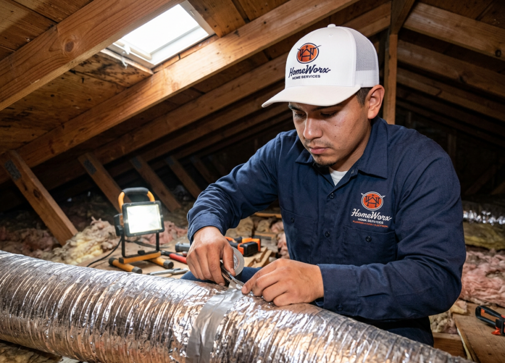 A worker in a uniform and cap seals a duct with tape in an attic with exposed wooden beams and insulation.