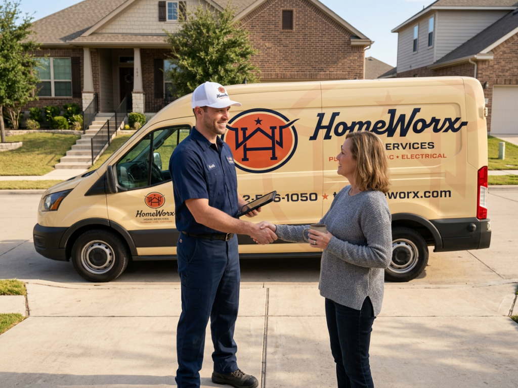 A technician shakes hands with a woman in front of a HomeWorx service van parked in a suburban neighborhood driveway.